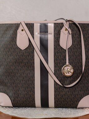 Michael Kors Eva Large Signature Logo Stripe Tote Bag Black